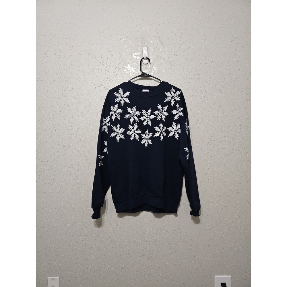 Vintage Jerzees Snowflake Sweatshirt USA Made Navy Winter 90s Sweater Size L USA